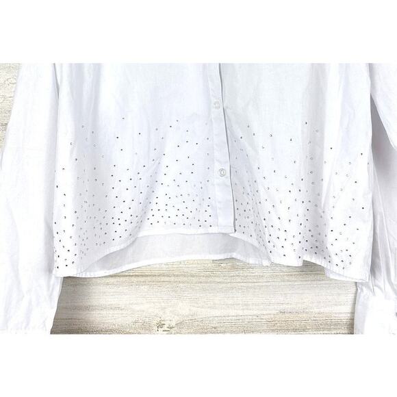 Rebecca Minkoff Women's M White Silver Studded Cropped Button Up Shirt Blouse - Picture 3 of 7